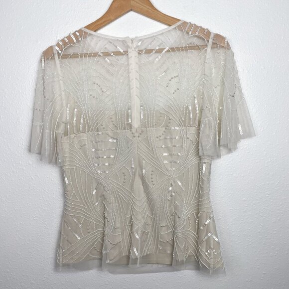 Adrianna Papell Ivory Pearl Beaded Flutter Sleeve Top Sz. 4 - Picture 9 of 13